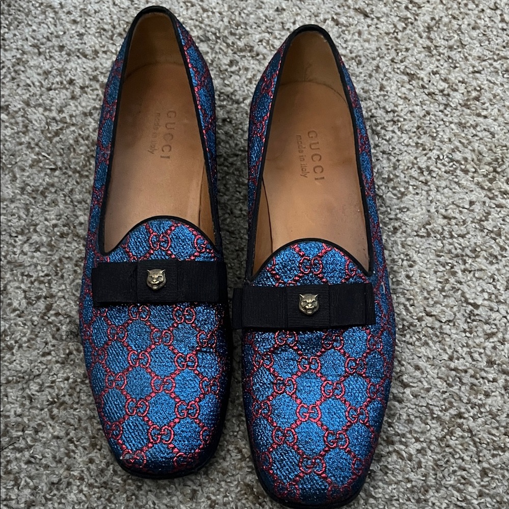 Authentic…Gucci Blue & Red GG Jacquard Loafers with Black Ribbon